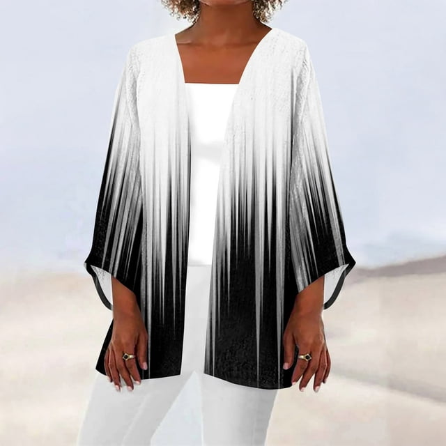 OUSITAID Cardigan pour Femmes Mode Décontractée Rétro Imprimé Léger Longueur Moyenne Veste Cardigan Noir L