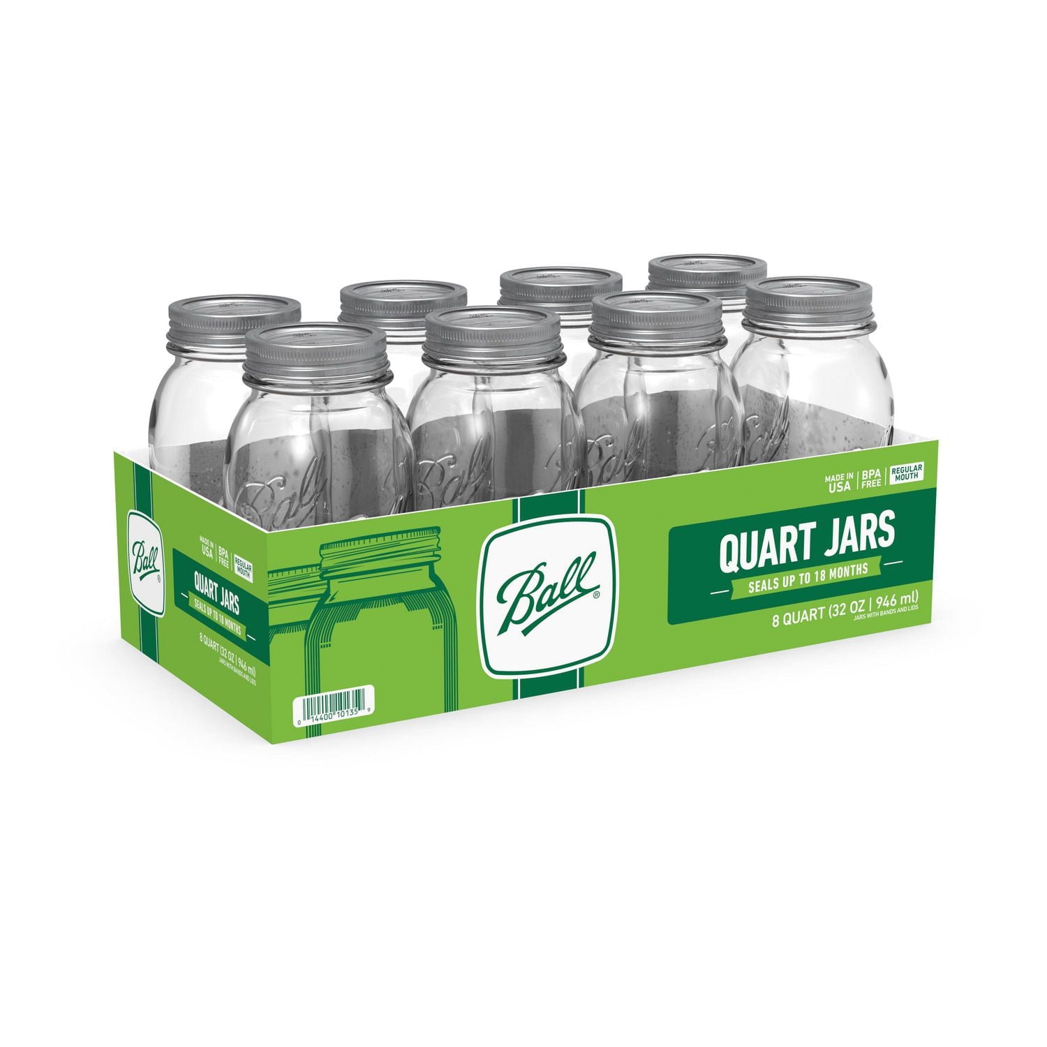 Ball Mason Jars with Lids & Bands, Regular Mouth, 946 mL (32 oz), 8 Pack, BPA-free