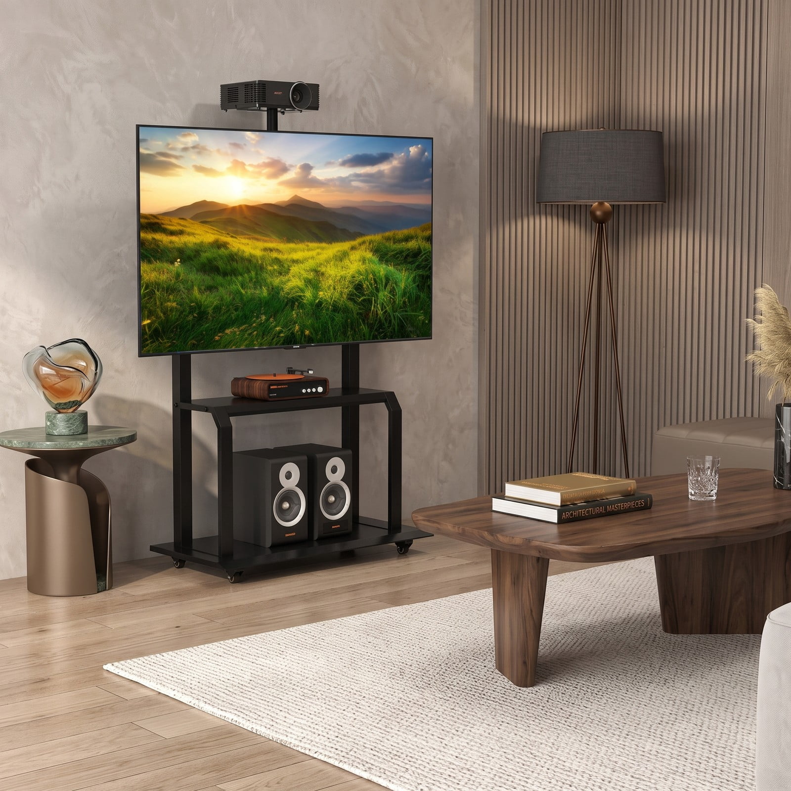 Furnibear Mobile TV Stand with Camera Shelf and AV Shelves for 32-80 Inch Flat Curved TVs, Height Adjustable Rolling Floor TV Cart with Locking Wheels, Holds up, Black