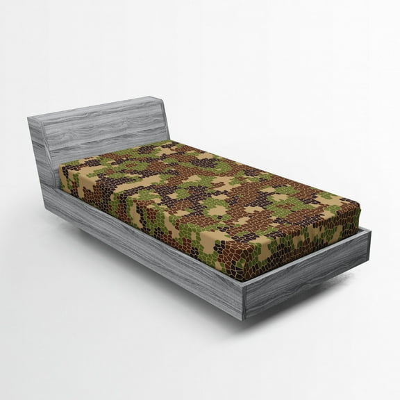 Ambesonne Camo Fitted Sheet, Summer Mosaic Pattern, Twin Size, Green Brown Dark Brown