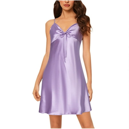 Gnurob Women Satin Nightgown Bow Chemise Babydoll Lingerie Dress Sexy Sleepwear Mini Slip Nightwear Sleeveless Strap Sleepshirt Valentines Day Gift Clearance Saving Purple Large
