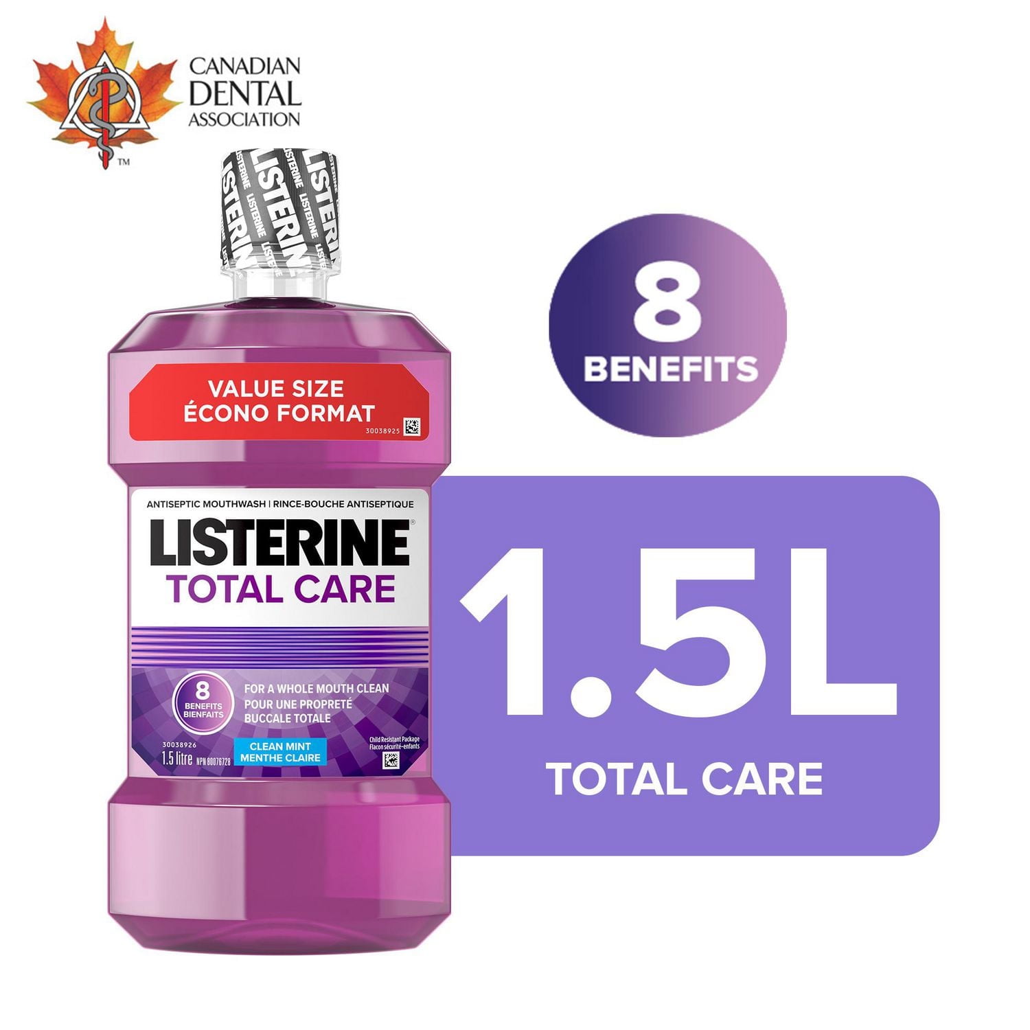 Rince-bouche antiseptique Listerine Total Care pour la gingivite et la plaque dentaire - Contient des huiles essentielles comme le thymol, le menthol et l'eucalyptol 1.5 L