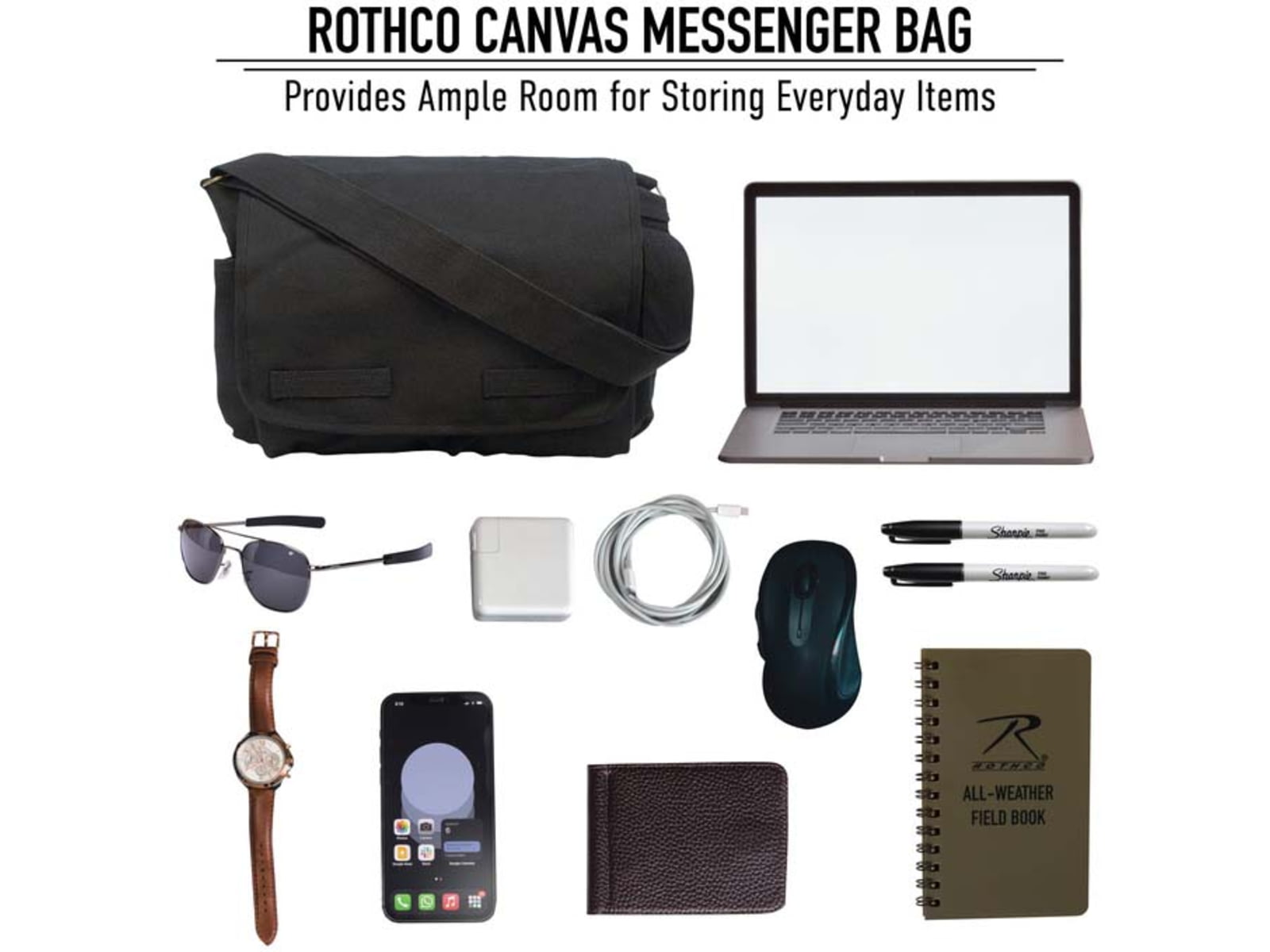 Rothco Classic Canvas Messenger Bag, Black - image 2 of 3