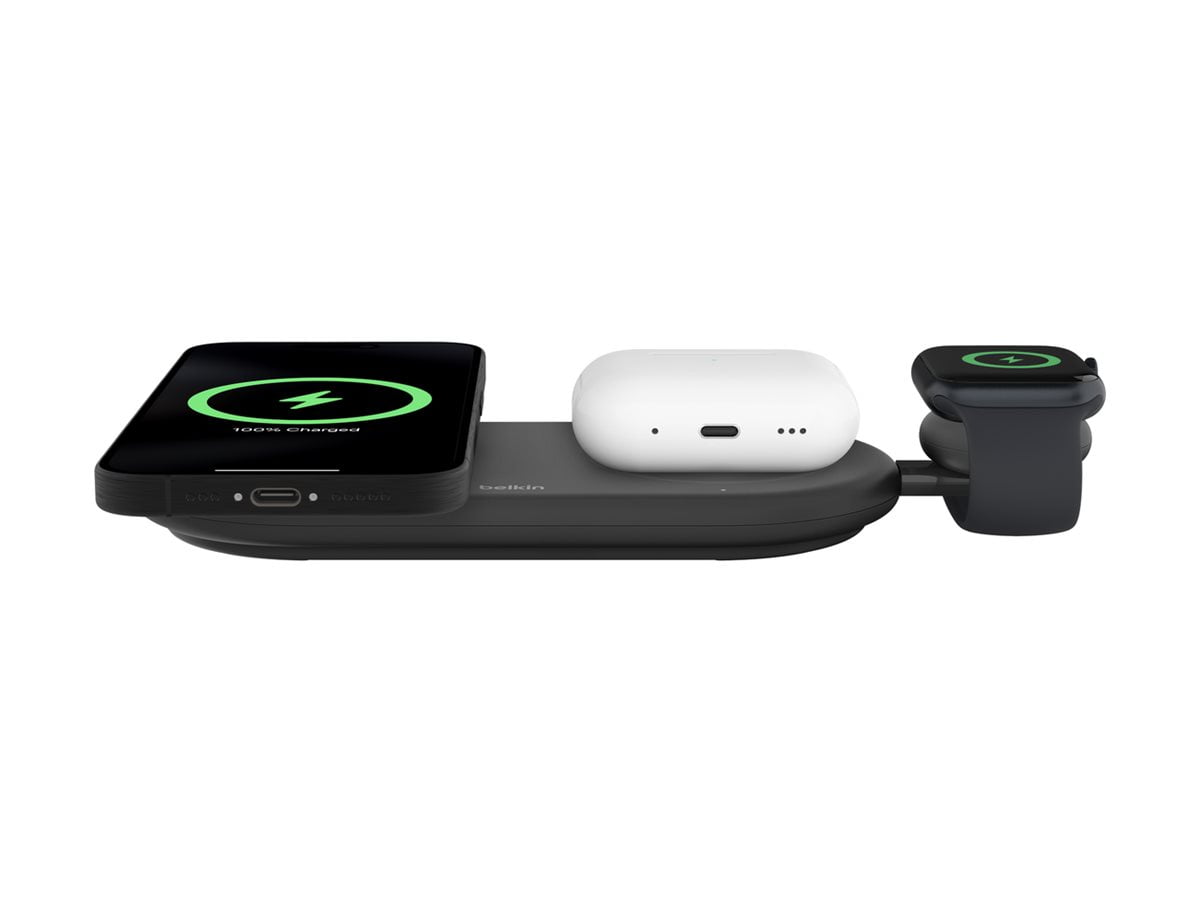 Belkin BoostCharge Pro 3-in-1 MagSafe-Compatible Wireless Charging Pad with Qi2 15W, Fast Charging iPhone Charger, Compatible with iPhone 15, 14, and 13 Series, AirPods, Apple Watch, & More - Black