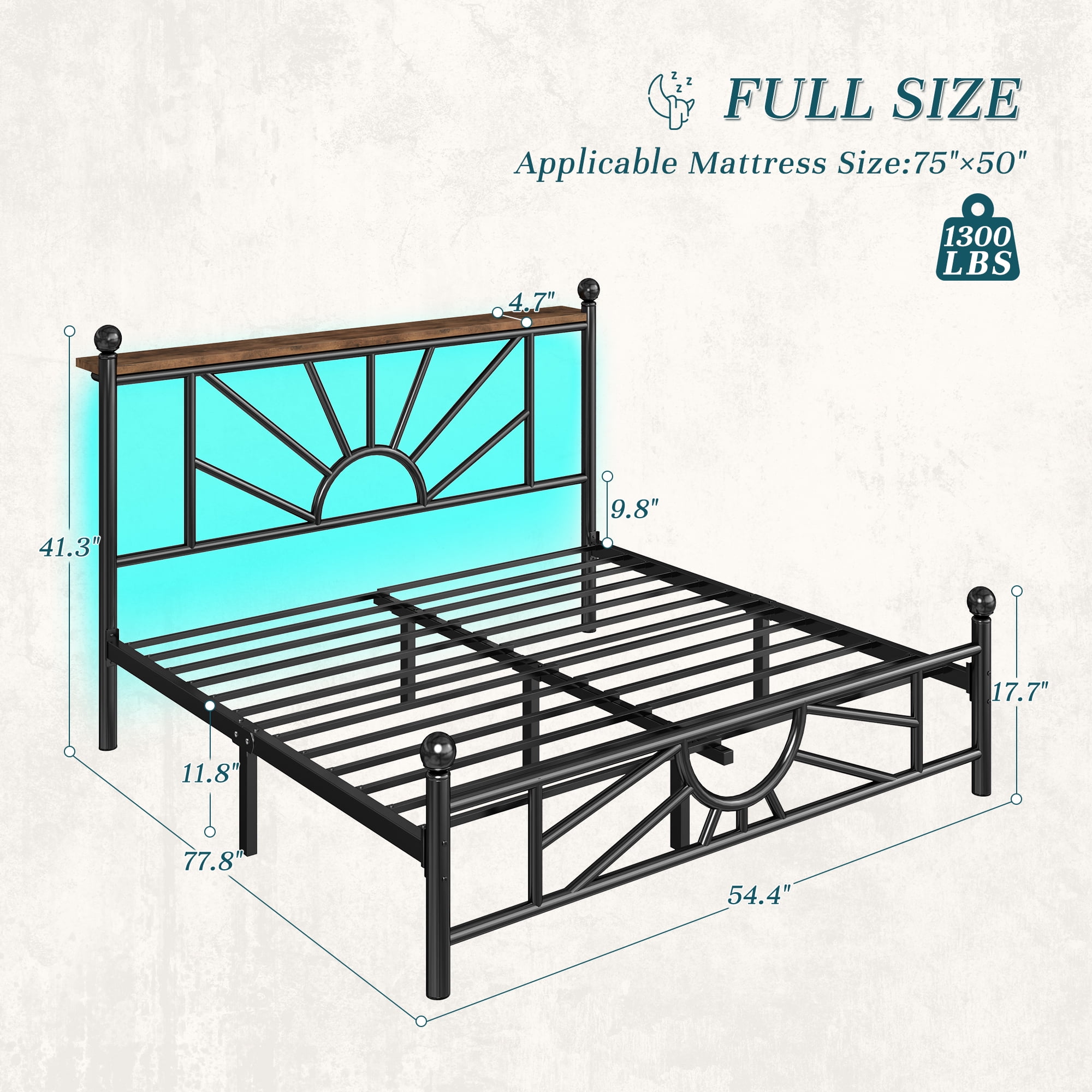 EnHomee Full Size Metal Bed Frame with Vintage Headboard & Footboard Metal Platform Bed Frame Full with LED Lights & Storage, Noise Free, Black