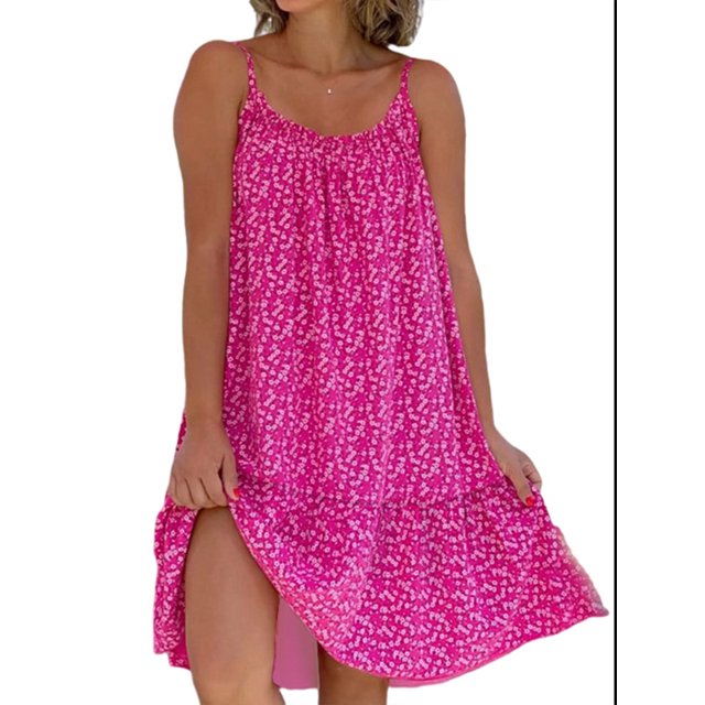 Bellella Robe Courte Mini pour Femmes Imprimé Floral Robe d'Été Sans Manches Plage Robe Décontractée Col Rond Fête Rose Rouge S