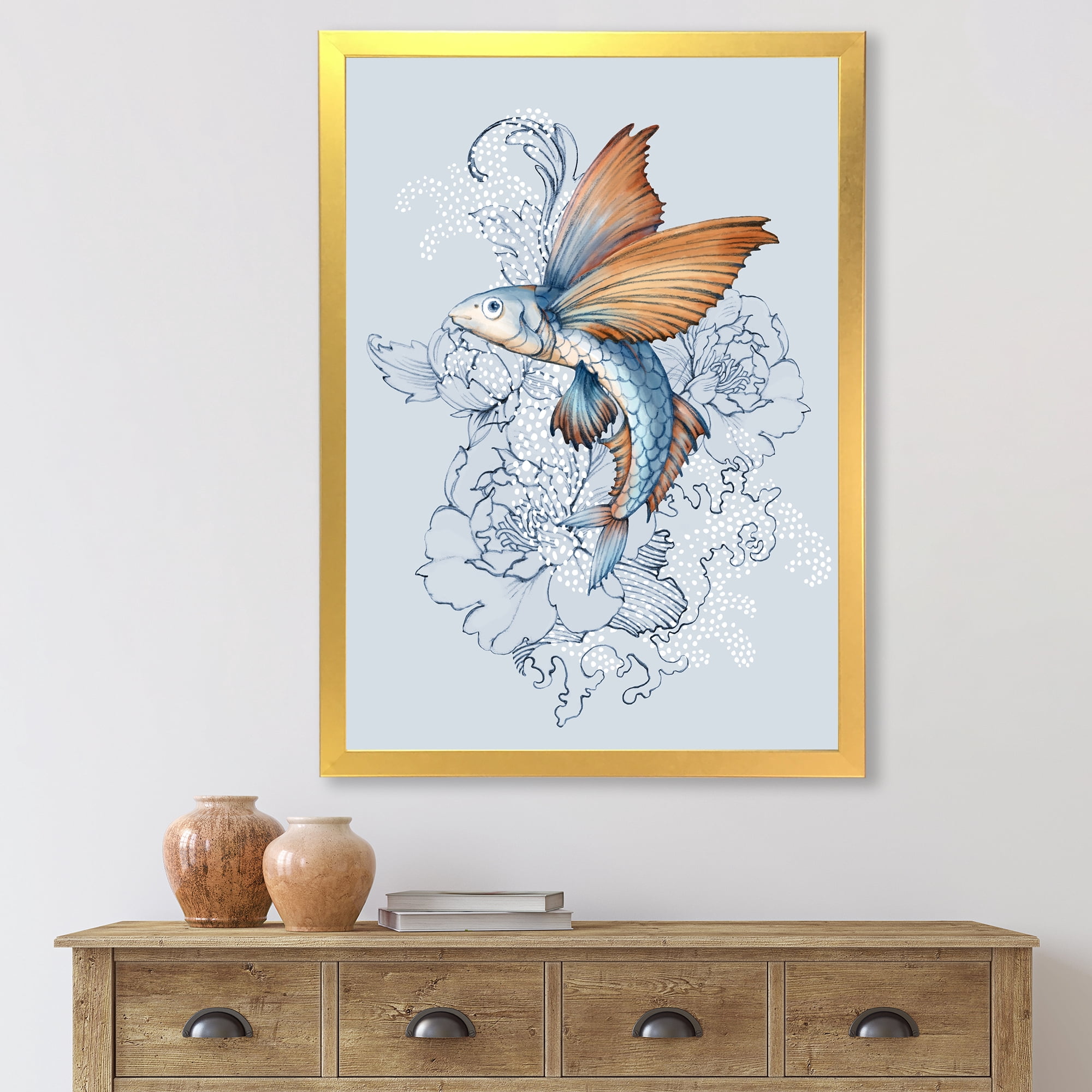 Designart 'Flying Fish and Peonies' Traditional Framed Art Print