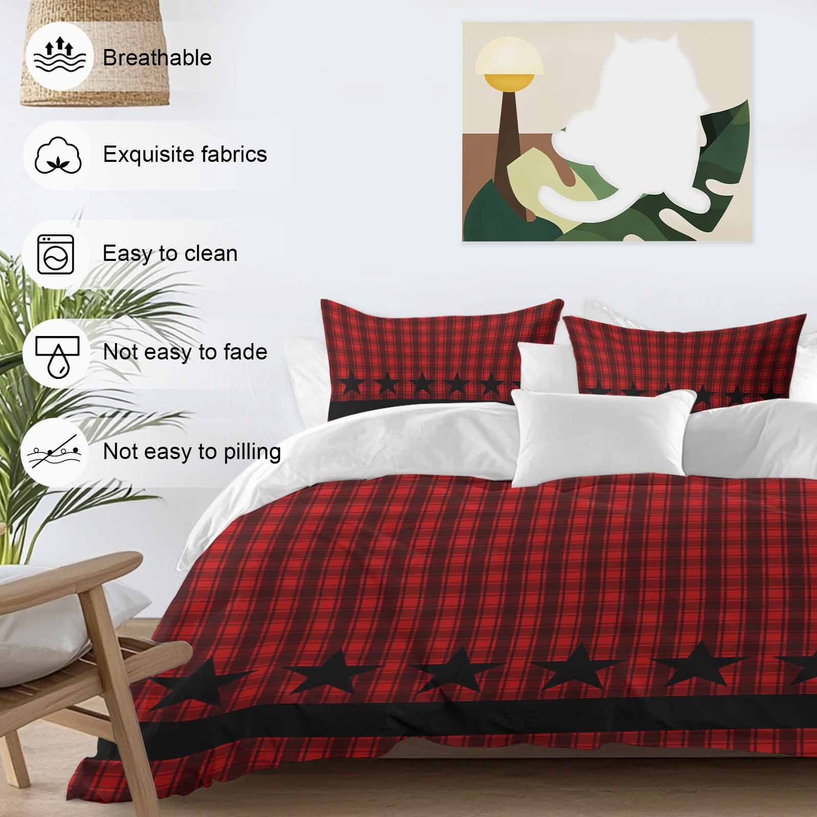 Red Black Plaid Bedding 3 Piece Duvet Cover Set California King, Country Vintage Star Abstract Gingham Soft Microfiber Comforter Cover with Zipper Closure & Pillowcases, FadeResistant Quilt Cover