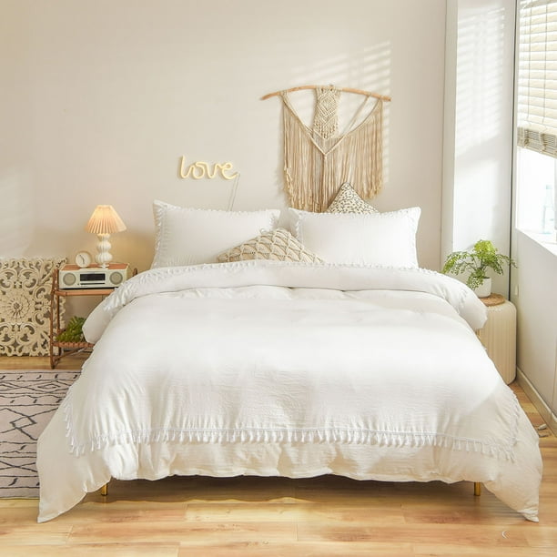 Boho Duvet Cover King Size White Bedding Set 100 Washed Cotton