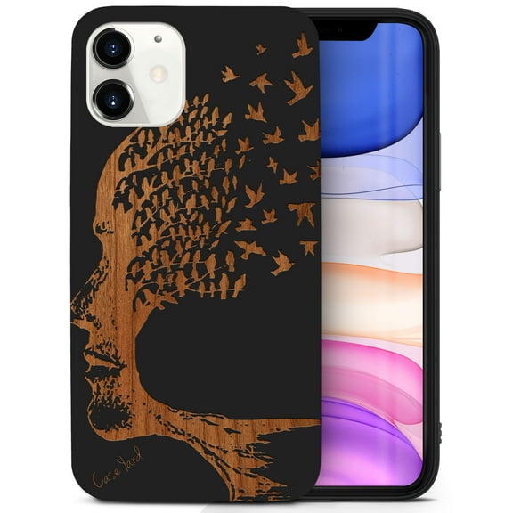 Case Yard Wooden Case for iPhone-11 Soft TPU Silicone cover Slim Fit Shockproof Wood Protective Phone Cover for Girls Boys Men and Women Supports Wireless Charging Head with Flying Birds Design