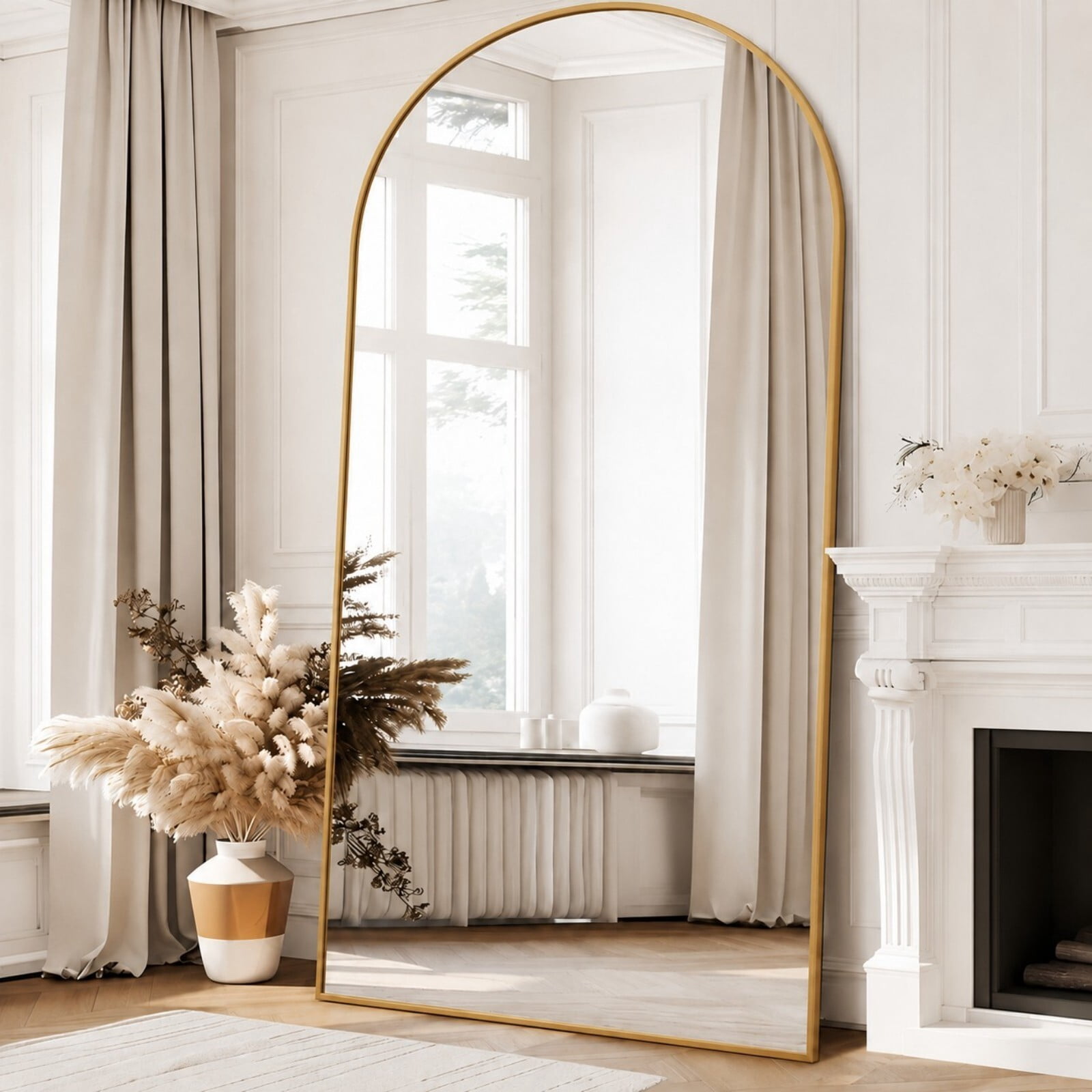 Mirrasia 76.3" x 34" Arched Full Length Mirror Full Body Oversize Mirror Wall Mounted, Gold