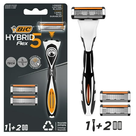 BIC Hybrid 5 Flex Refillable Men's Razor Kit, Handle and Nano-Tech Titanium 5-Blade Refills
