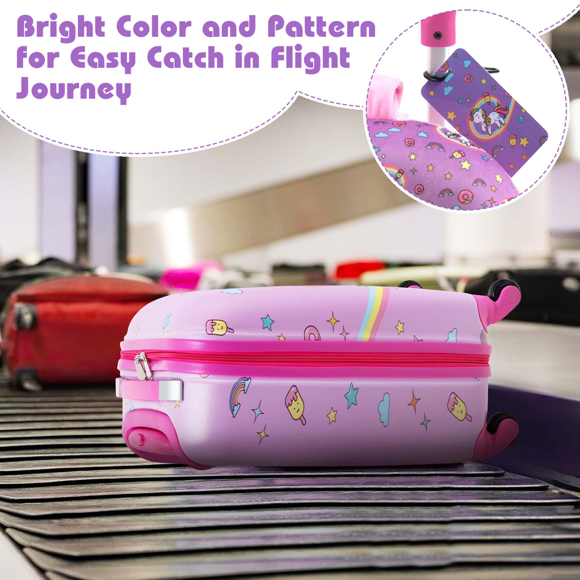 Costway 5 PCS Kids Luggage Set with Backpack Neck Pillow Luggage Tag Lunch Bag Wheels Pink