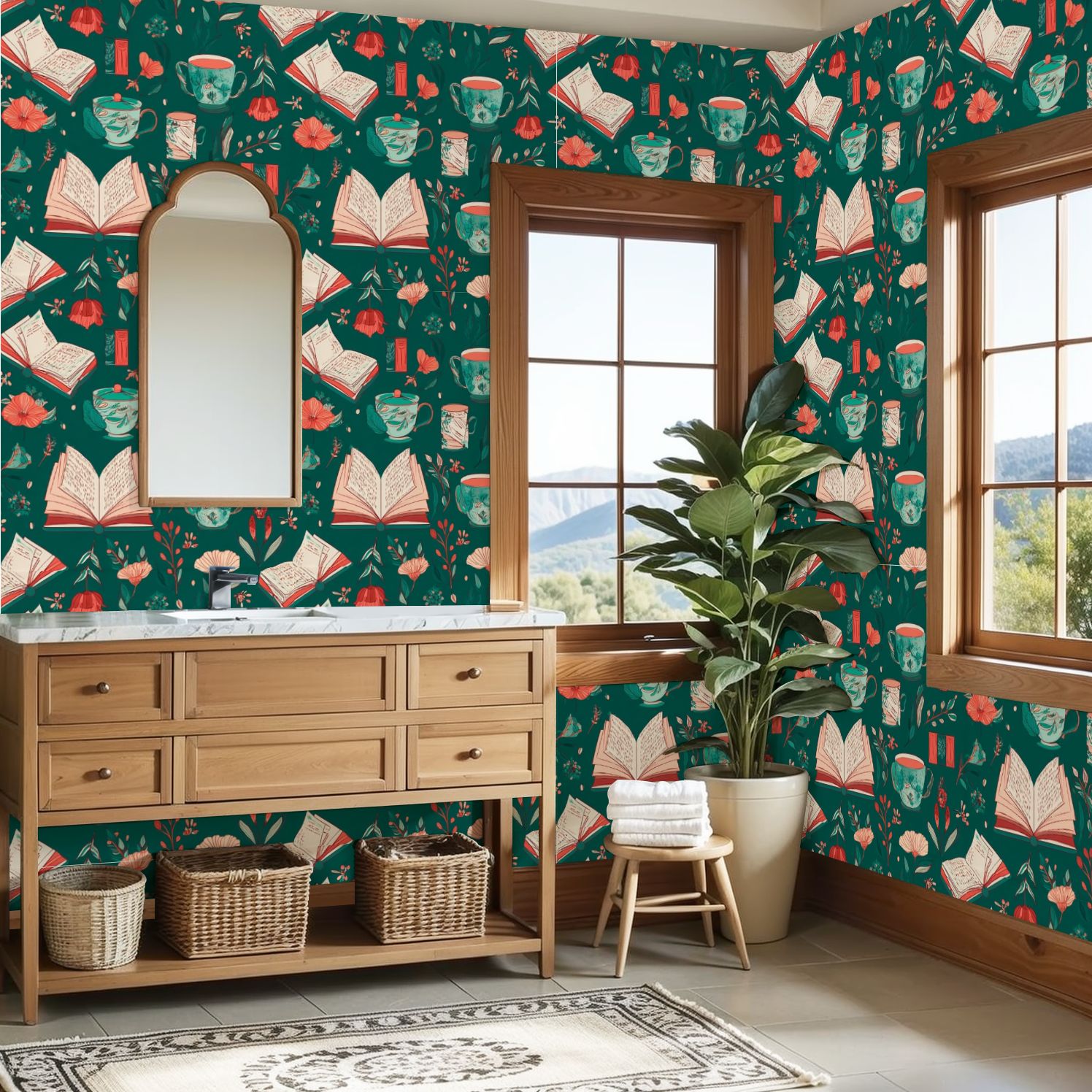 Peel and Stick Wallpaper 23.6in x 9.8ft Cozy Teal Green Books Teacups Floral Contact Paper Vinyl Self-Adhesive Removable Wall Paper for Bedroom DIY Home Decor Renter Friendly
