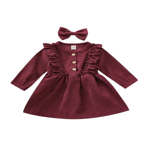 PENGXIANG Bébé Filles Automne Hiver Velours Côtelé Robe à Manches Longues Bandeau Robes Enfants Vin Rouge 6-12 Mois