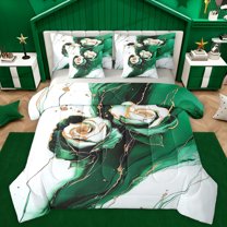 Homewish Rose Flower Floral Bedding Comforter Set 7pcs for Adult, Dreamy Green Mabrle Queen Bedding Sets, Fashion Art Abstract Reversible Queen Sheet Sets, Lightweight Room Decor