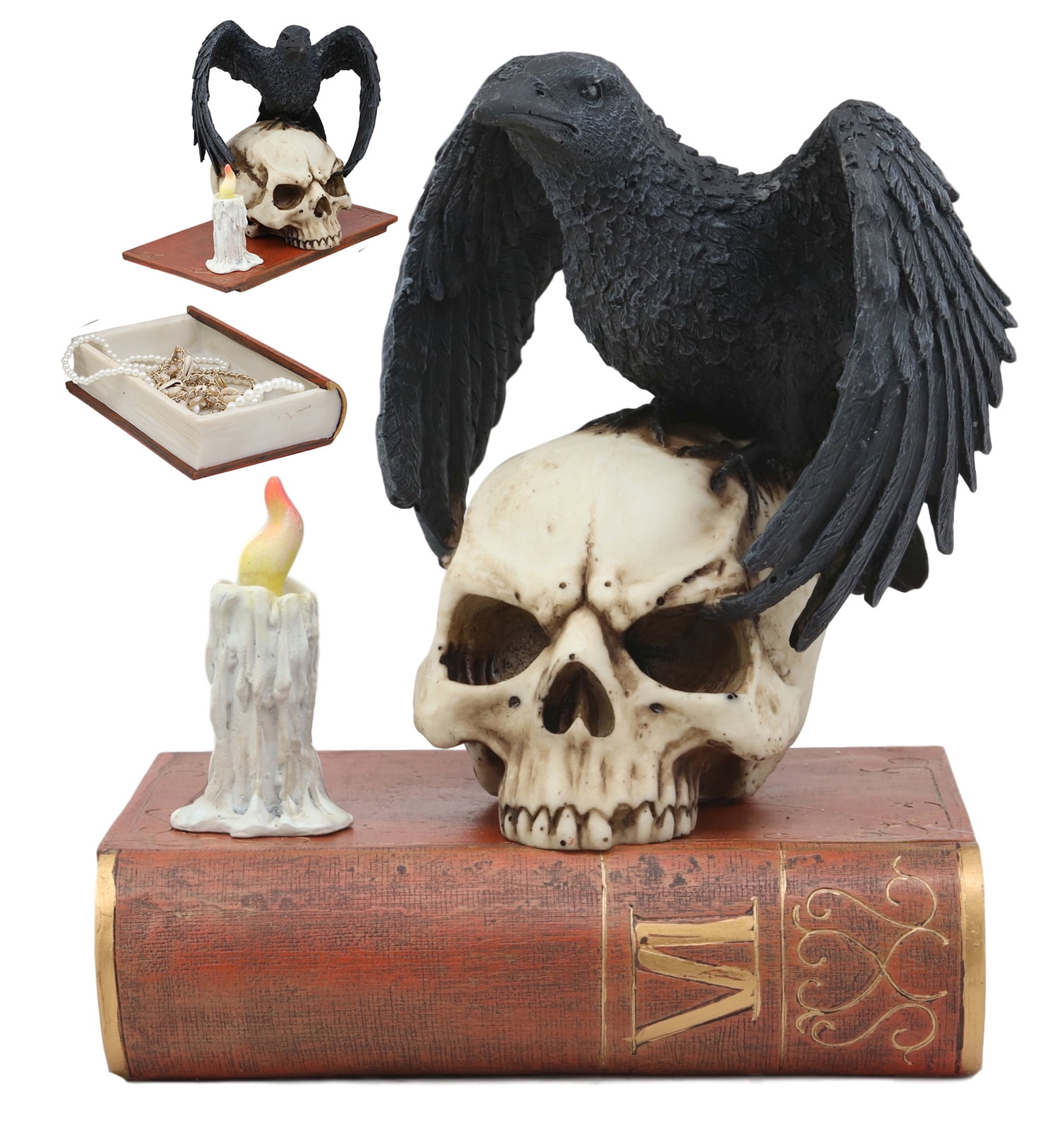 Ebros Gift Raven Crow Perching On Skull with Ancient Book Jewelry Trinket Box - Thumbnail 2