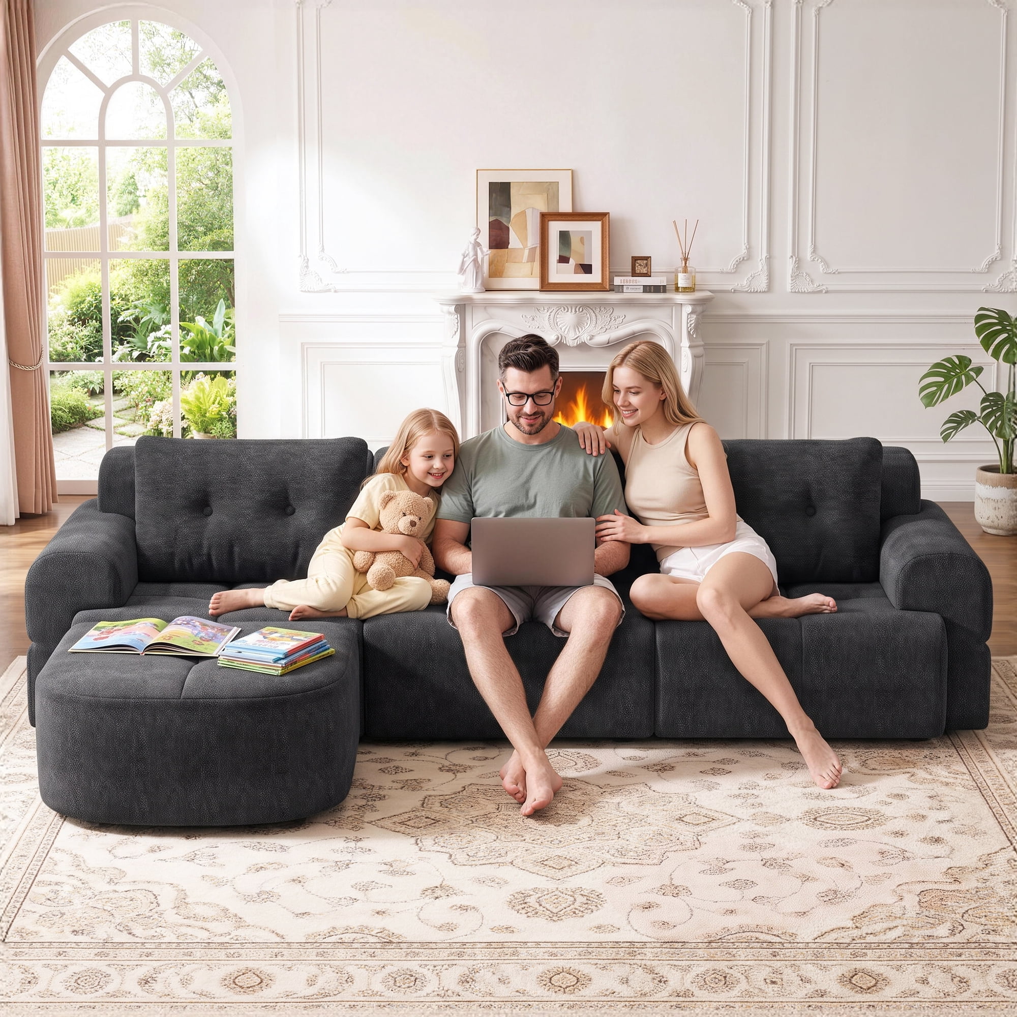 Aukfa 112" Modular Sectional Sofa with Chaise, Full-Foam Boneless Cloud Couch, Woven Chenille Oversized Deep Seat Sofa with 3 Pillows for Living Room, Dark Gray