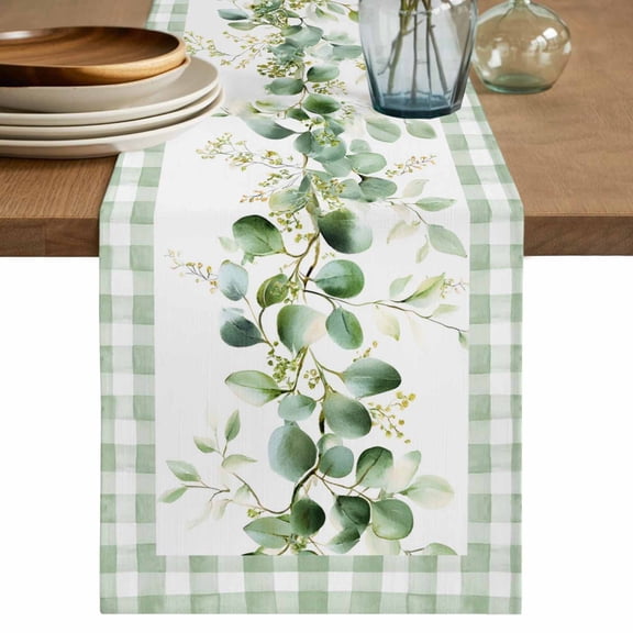 Eucalyptus Leaves Cotton Linen Table Runner for Dining Kitchen, Sage Green Plaid Watercolor Wedding Outdoor Party Tablerunners Decoration, Dresser Scarf Coffee Tablecloth Runners 13x60 Inches