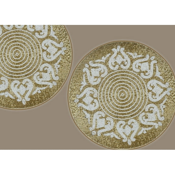 Set of 6 Beads Placemats, Gold and white Tablemats,  Designer Charger Plates 13X13 Inch