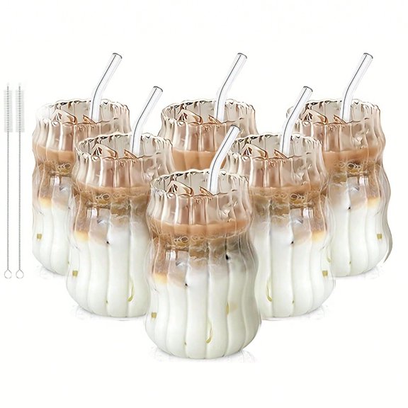 TUMATICLY 6PCS Glass Coffee Mug With Straw, Vintage Stripe Design, Office Simple Water Cup, Suitable For Iced Coffee And Drinks, Commercial Coffee Mug, Mug, Drinking Utensils, Holiday Gifts, Gift