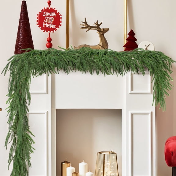 Scidweet 2 Pcs Christmas Garlands Decorations, 12 ft Real Touch Artificial Norfolk Pine Christmas Greenery Garlands for Wall Fireplace Indoor Outdoor Xmas Decor