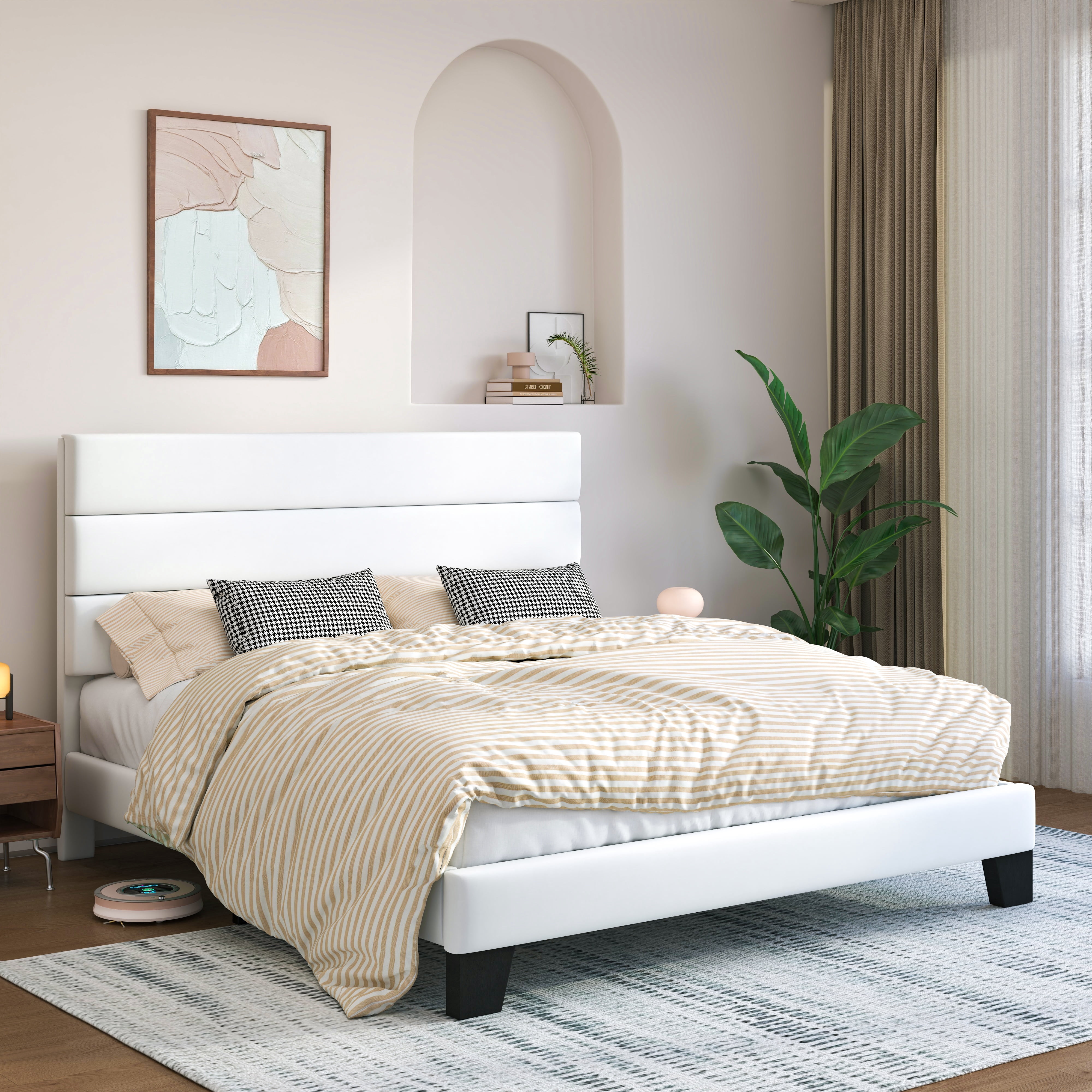 Sifurni Queen Size Platform Bed Frame with Velvet Upholstered Headboard, Easy Assembly, No Box Spring Needed, White