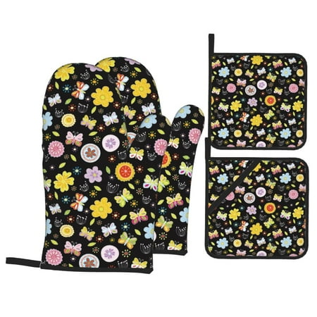 

Oven Mitts and Pot Holders Sets 4 pcs - Flower butterfly print Heat Resistant Silicone Oven Gloves with Non-Slip Silicone Surface and hot pads for kitchen Baking Cooking BBQ