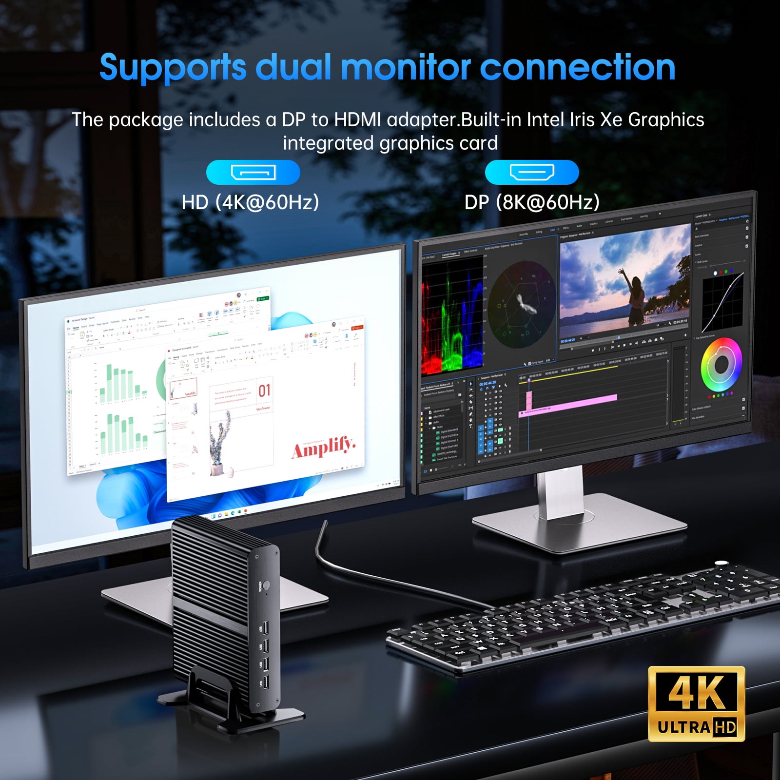 Kinupute Fanless Mini PC, Desktop Computer i7-1165G7 2.8-4.7GHz, Win-11 Pro, 16G DDR4, 512G NVME SSD, Iris Xe Graphics, HD/DP, Dual Display, 8K/4K@60Hz, WiFi6, BT5.2, VESA, WOL, Full Metal Case