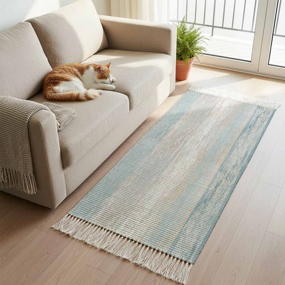 Blue Beige Farmhouse Hallway Runner Rug 2'x6', Vintage Wooden Striped Washable Entryway Rug with Tassels, Woven Cotton Laundry Room Rugs Long Carpet for Bathroom Sink Foyer Bedroom
