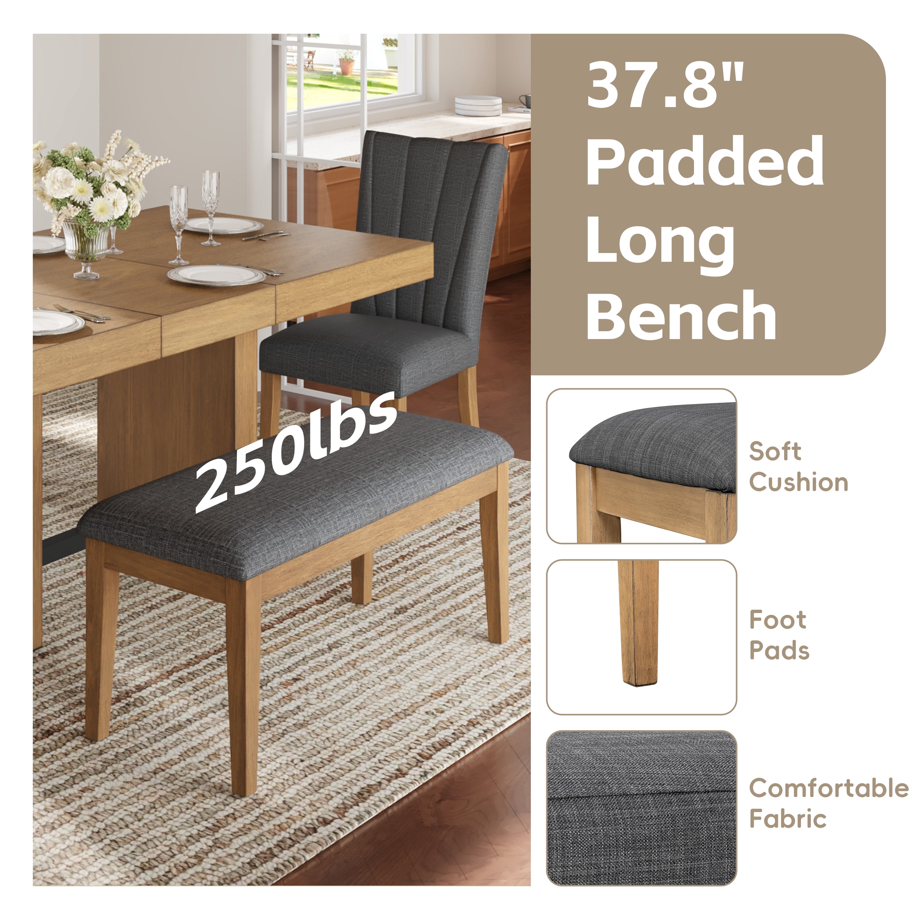 6 Piece Dining Table Set for 6, 58"-76" Extendable Dining Table with Bench and 4 Upholstered Chairs