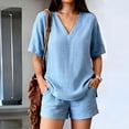 thumbnail image 4 of Costeam Womens 2 Piece Linen Blend Co Ord Set V Neck Short Sleeve Top and Elastic Waist Shorts Casual Summer Matching Outfit with Side Pockets, 4 of 8