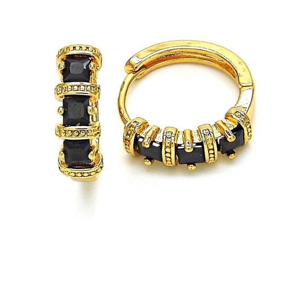 Black 3 row Halo huggie square stones earrings in yellow gold filled high polish finish