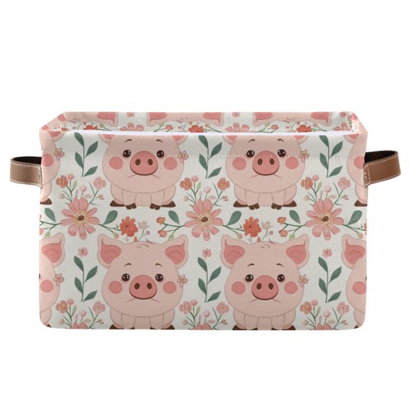 Storage Bins with Handle Fabric Organizer Basket Foldable Box 1 Pack Cartoon Pig with Flower 14.2x10.2x8.3