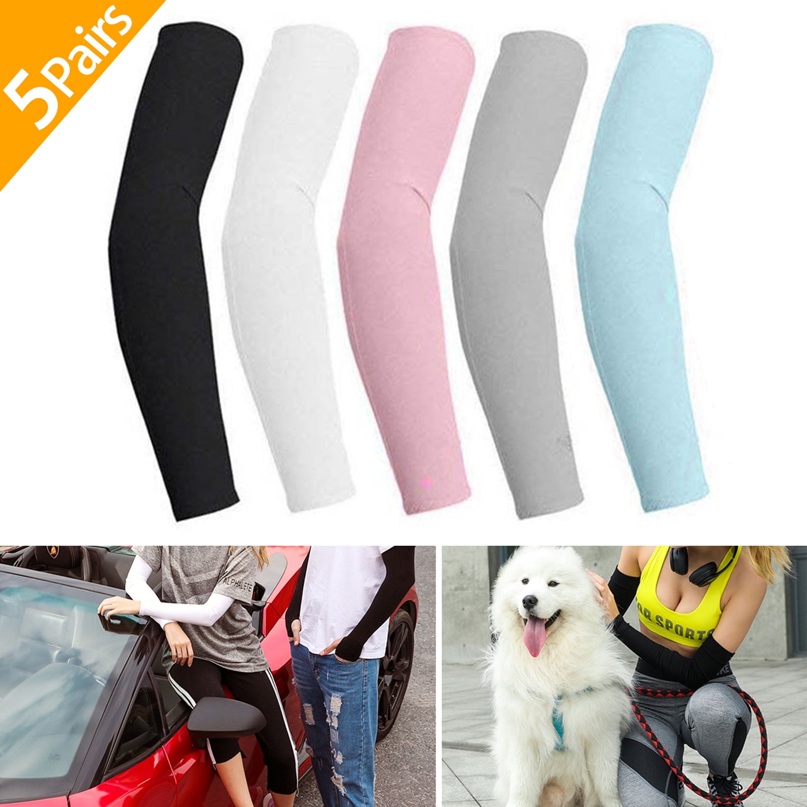 Compression Arm Sleeves, 5-Pairs UPF+ 50 UV Sun Protection Cooling Compression Sleeve for Men & Women, One Size