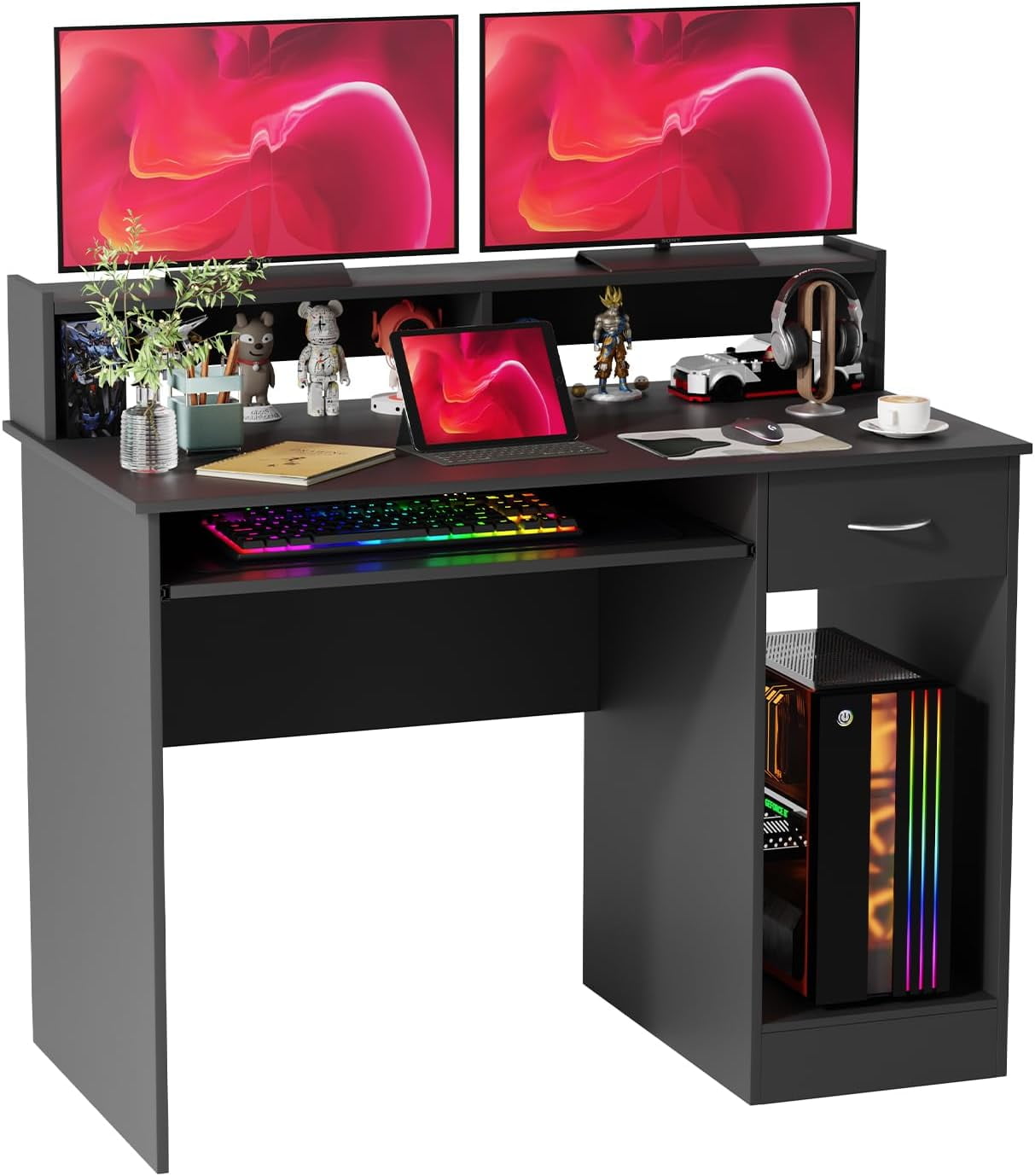 PayLessHere 43" OfficeDesk, Computer Desk with Drawers Keyboard and Storage Shelves, Black
