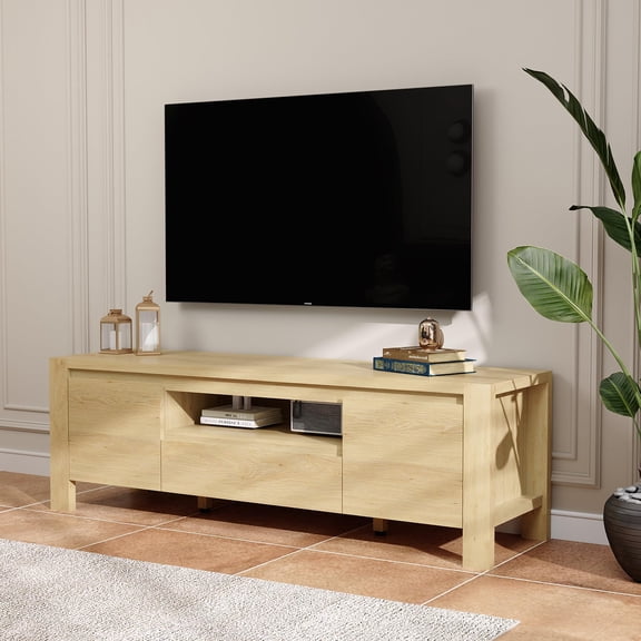 55" TV Stand with Doors and Cabinet, Farmhouse Entertainment Center, Entertainment Stand for TVs Up to 60", TV Console for Living Room, Bedroom, Natural Color