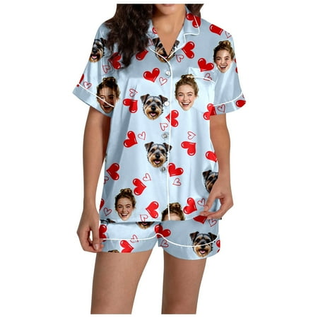 ZHOUCHANKIDS Women s Valentine s Day T-Shirts Matching Shorts Suit For Couples Valentine s Day Homewear Sleepwear Loungewear Outfit Light Blue S