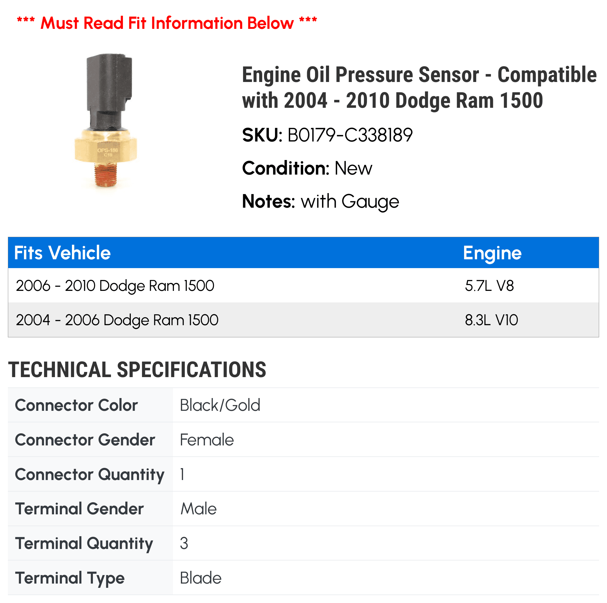Engine Oil Pressure Sensor - Compatible with 2004 - 2010 Dodge Ram 1500 2005 2006 2007 2008 2009