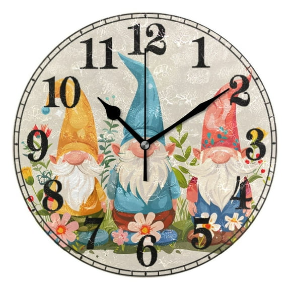 Cute Gnomes with Plants Silent Wall Clock 10" Non-Ticking Battery Clock