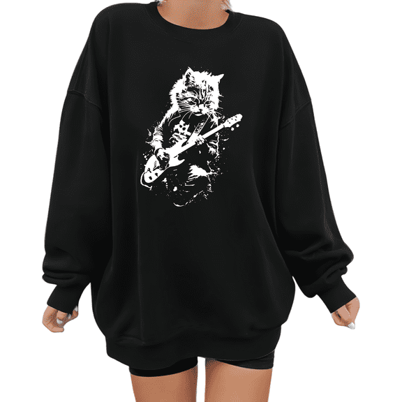 Black Punk Style Cat Sweatshirt Guitar Playing Cat Illustration Oversized Long Sleeve Graphic Top S-3XL