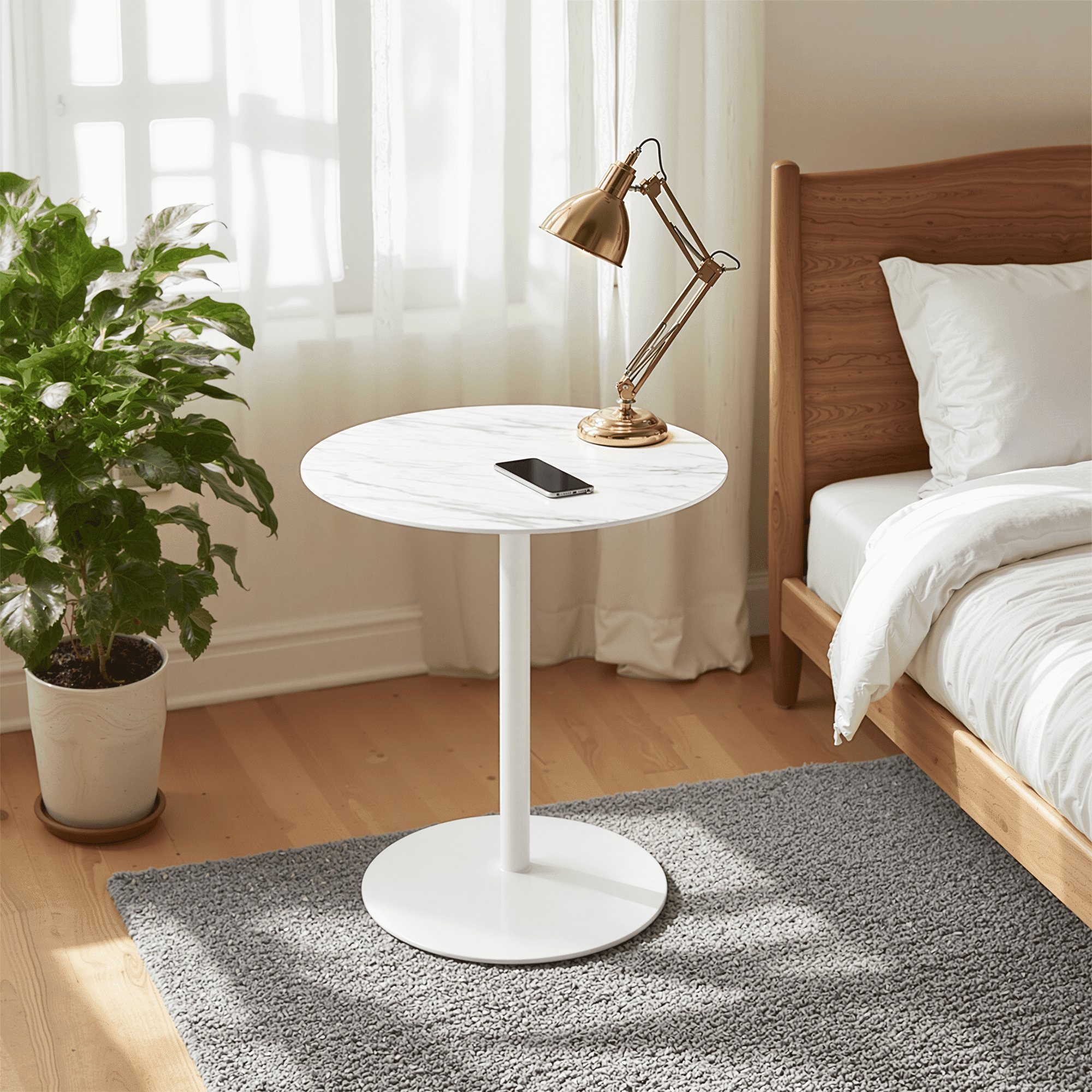 MAYEERTY 17.5" Small Round Side Tulip Table, Marble Textured Glass Top & Steel Foundation, Seats 2, White