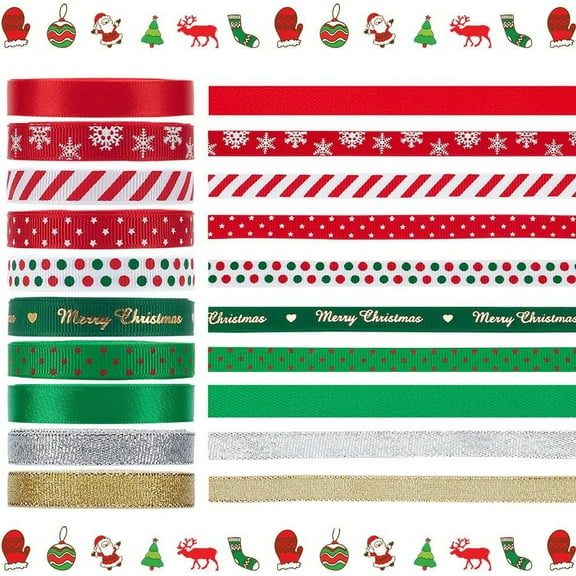 50 Yards/ 45.7m Christmas Grosgrain Ribbon Green and Red 10 Rolls 3/8 inch(10mm) Xmas Ribbon Merry Christmas Words Decor Ribbons for Gift Wrapping Hair DIY Crafts
