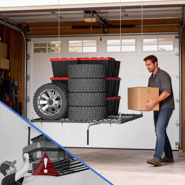 EDTara Adjustable Ceiling Storage Rack, 4x4 Ft Carbon Steel Overhead System With Hand Crank, 350 Lbs for Garage or Basement