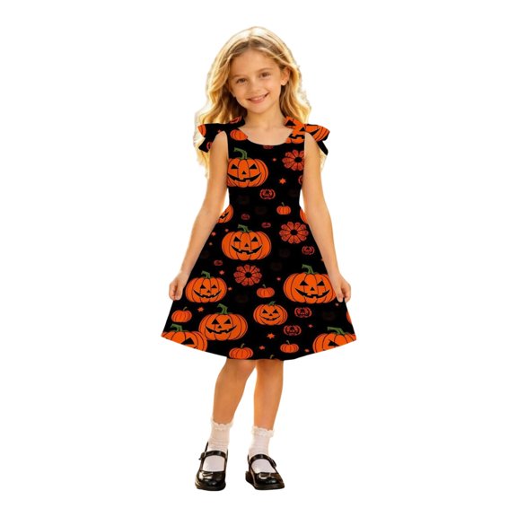Vividxx Toddler Girl Halloween Dress Pumpkin Print Sleeveless Tie-Shoulder A-Line Swing Dress Fall Party Outfit for Kids 3-4 Years