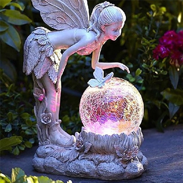 Fantasy Fairy Girl Luminous Resin Ornament Garden Decoration Handicraft Angel Figure Ornament Solar LED Home Room OrnamentWhiteUnited Kingdom He Qiyong unisex