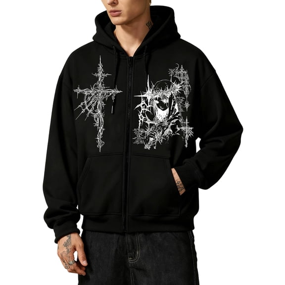 Unisex Goth Zip Up Hoodie Y2K Aesthetic Graphic Sweatshirt Oversized Hooded Jacket Punk Grunge Streetwear