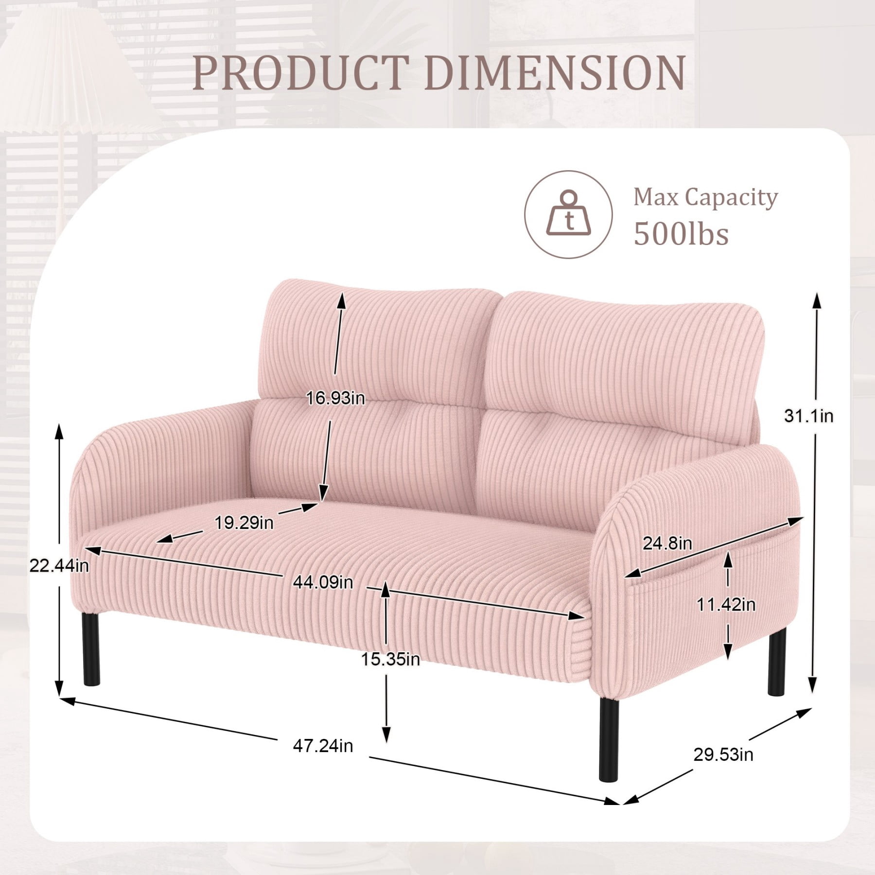 Corduroy Loveseat Sofa, Modern Upholstered Double Sofa Couch with Side Pockets for Living Room Bedroom Apartment, Pink