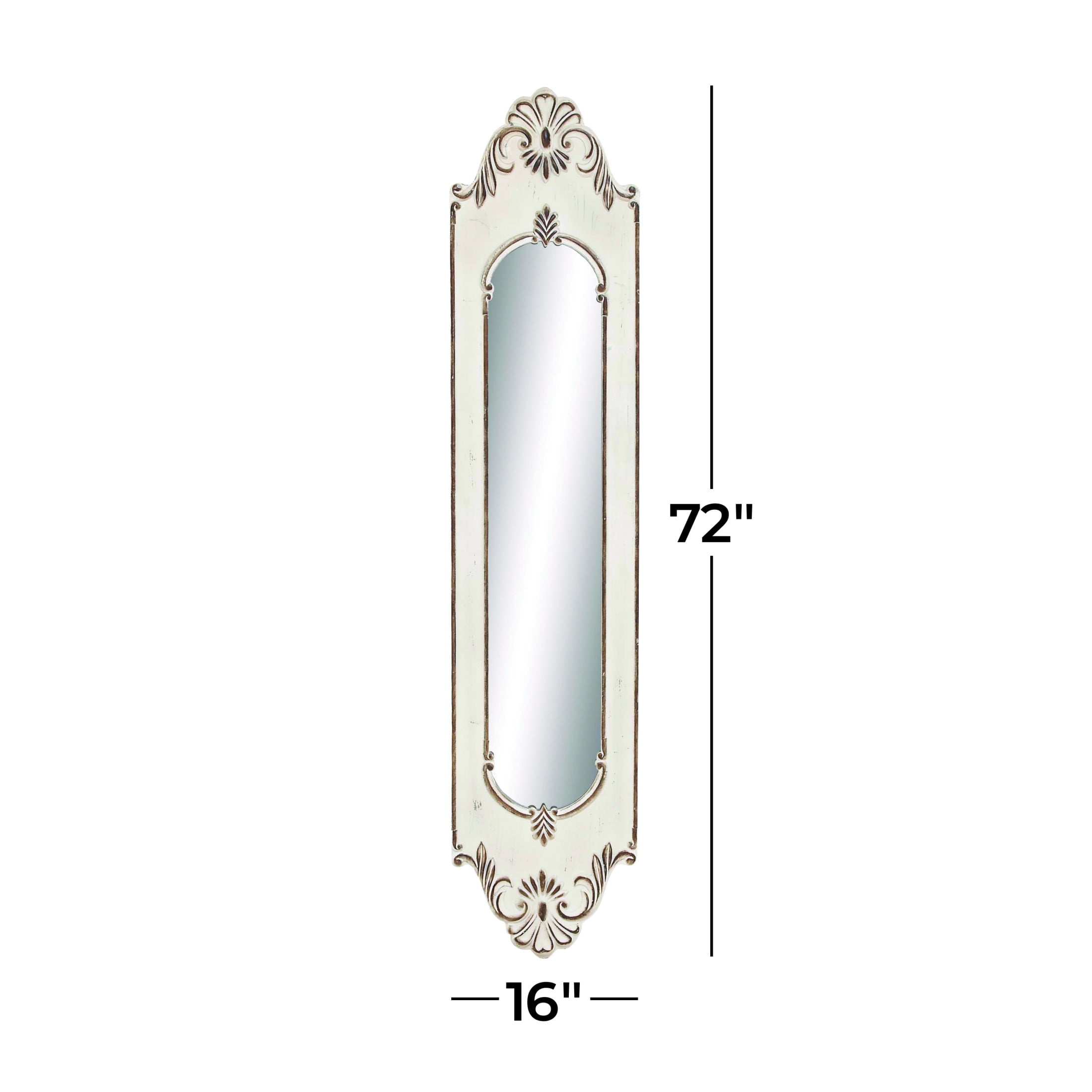 DecMode 16" x 72" White Slim Oval Vintage Style Floral Wall Mirror with Carved Brown Scrollwork