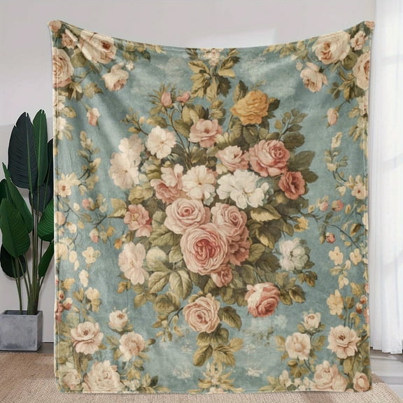 Luxurious Vintage Rose Floral Print Blanket - Comfortable and Soft Flannel, Pink Rose and Mixed Floral Design, Warm All-Season Gift